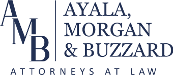 A green background with blue letters that say ayala, morgan & buzzell.