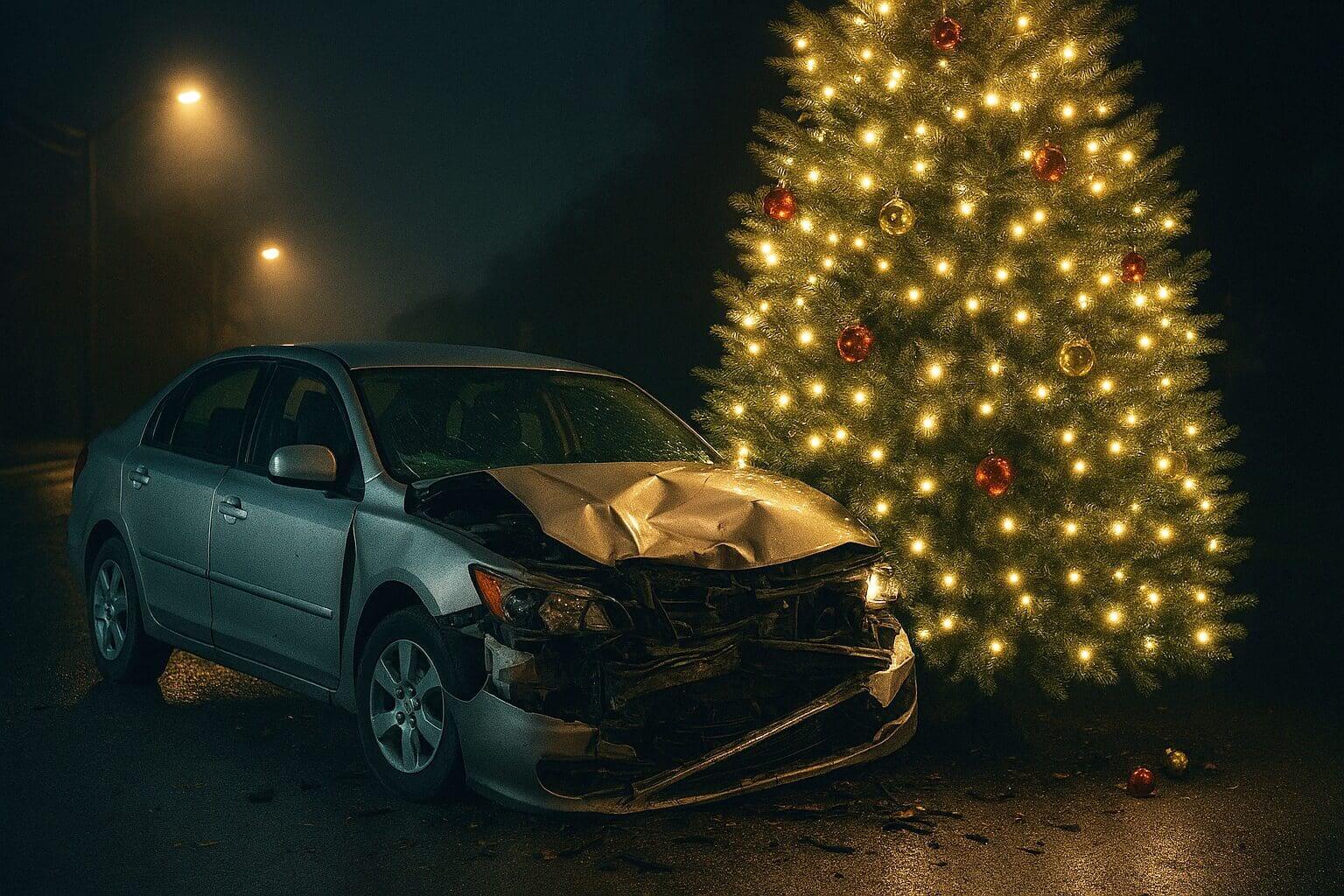 Car crashed into Christmas tree at night.